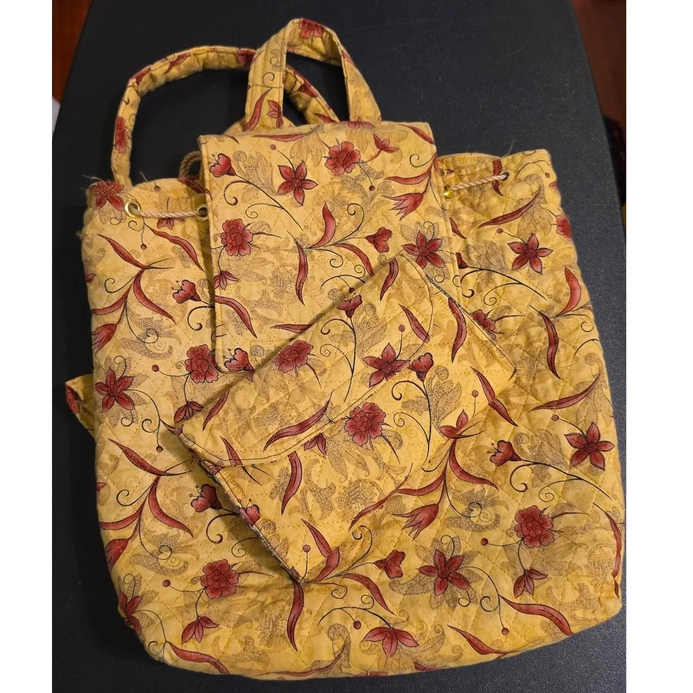 Yellow Floral Quilted Cotton Drawstring Backpack and Matching Wallet Set